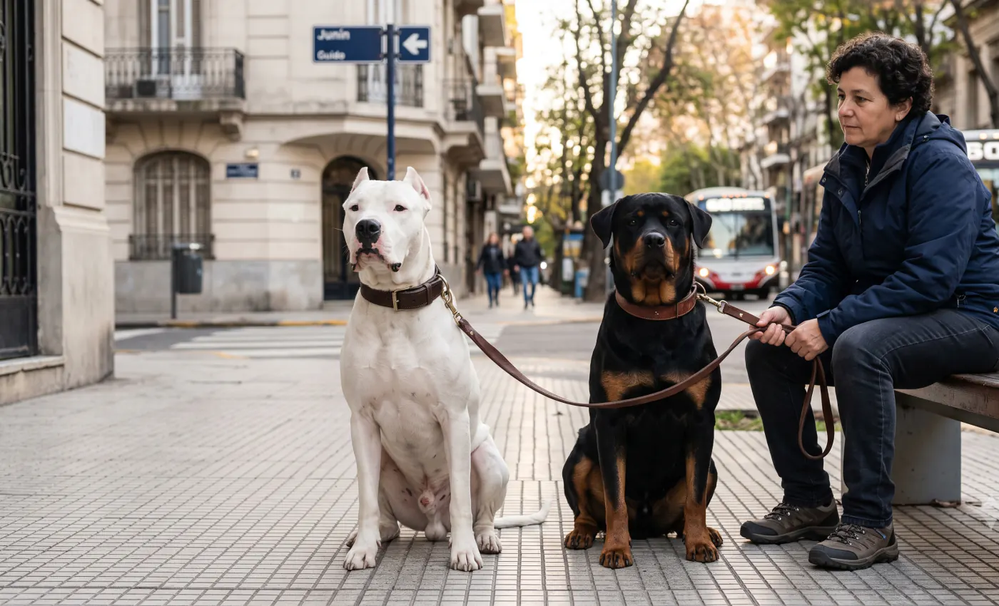 Un Dogo Argentino y un Rottweiler sentados con collar y correa en una vereda de Buenos Aires, junto a la persona que los pasea