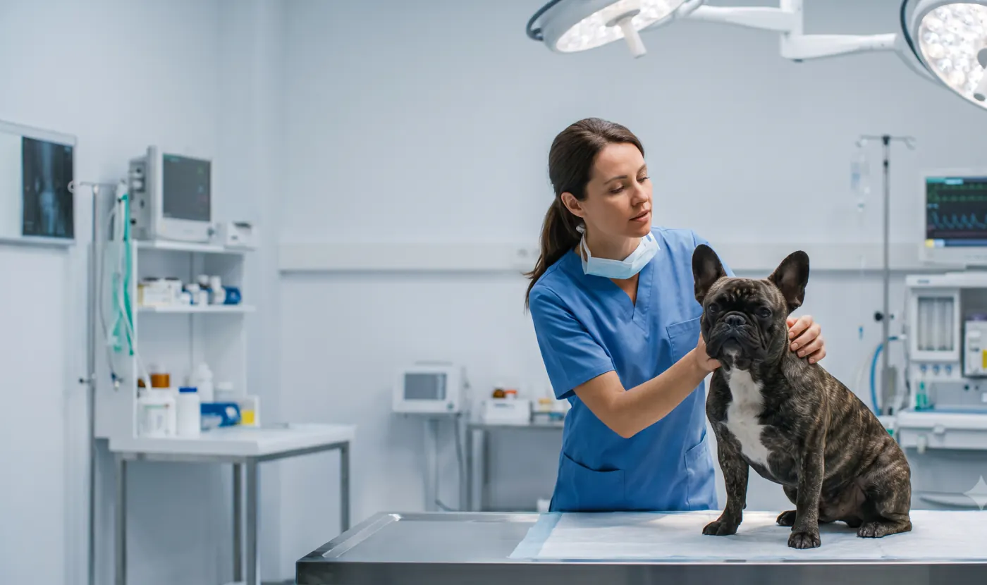 Veterinaria examinando a un bulldog frances sentado sobre la mesa de acero de un quirofano