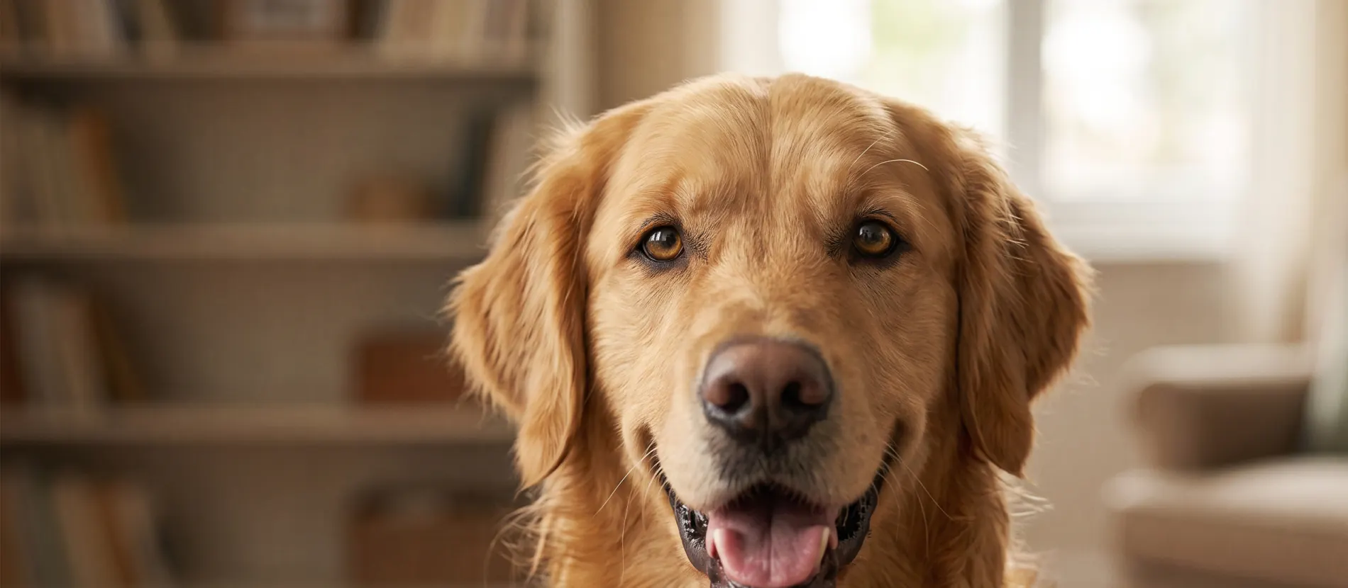 Golden retriever sentado en un living, mirando de frente