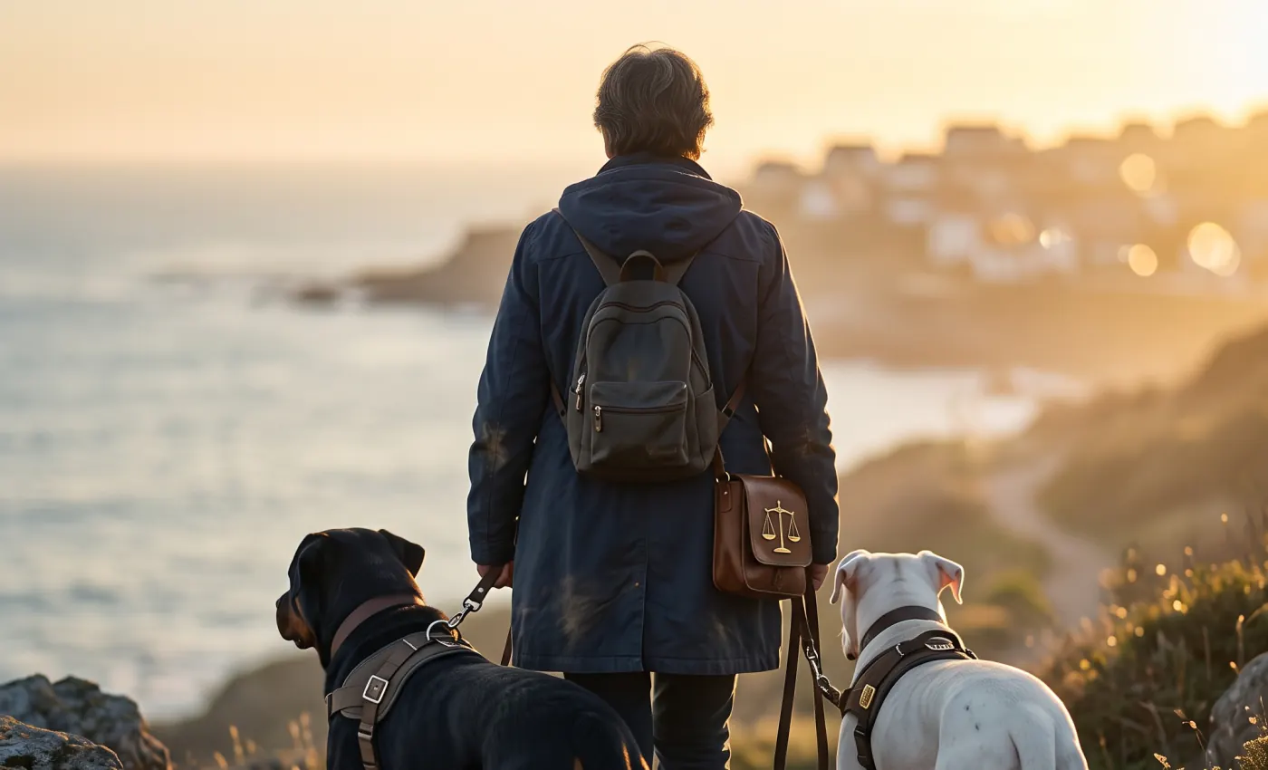 Una persona de espaldas pasea a un Rottweiler y a un perro blanco de tipo dogo, los dos con arnés y correa, por un sendero junto al mar al atardecer