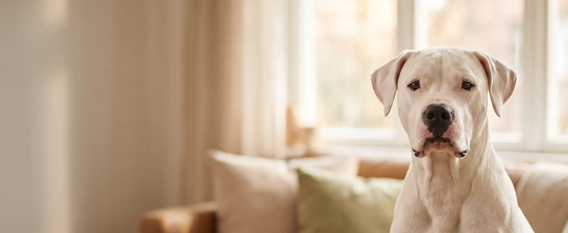 Dogo Argentino sentado en un living, mirando de frente