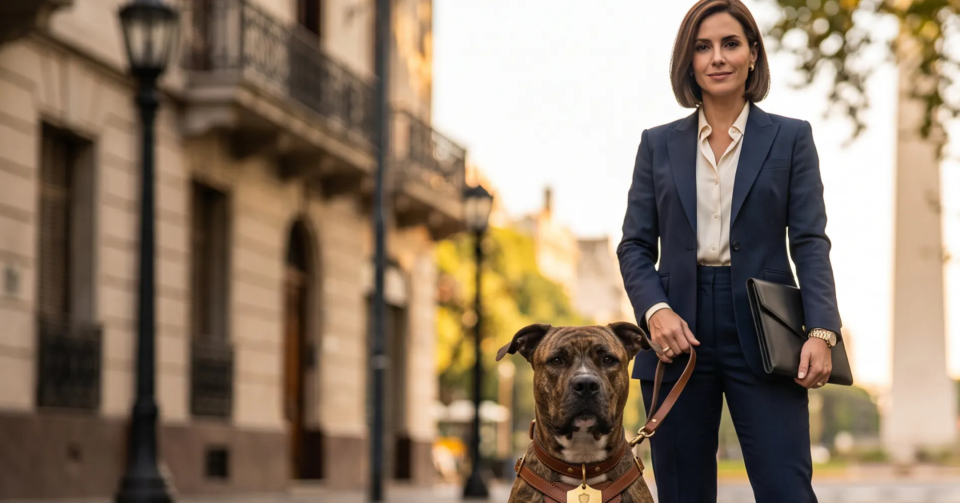 Mujer de traje azul en una calle adoquinada de Buenos Aires, sosteniendo la correa de un perro mestizo de tipo staffordshire con arnés, con el Obelisco de fondo