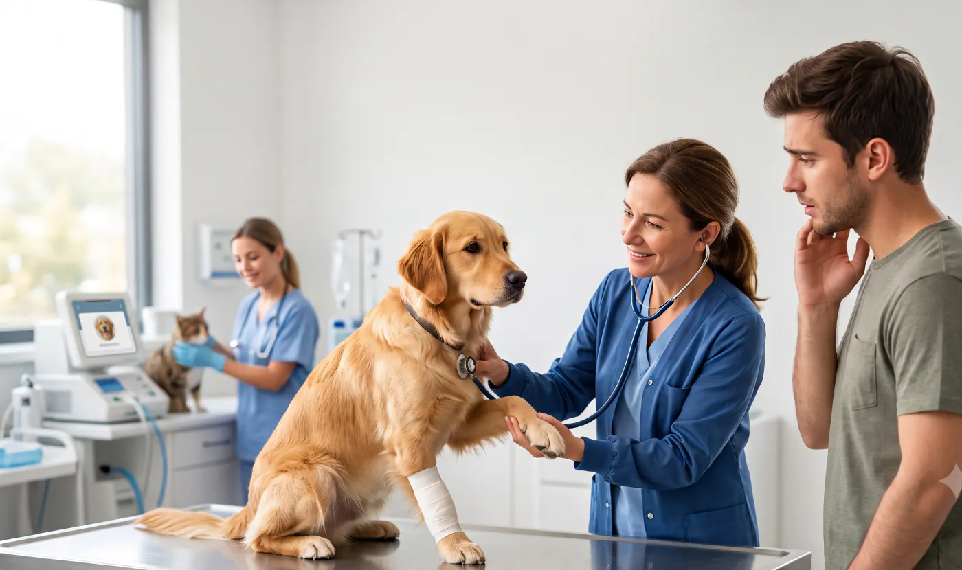 Factura veterinaria doblada sobre superficie crema, junto a un bol de ceramica y anteojos de lectura